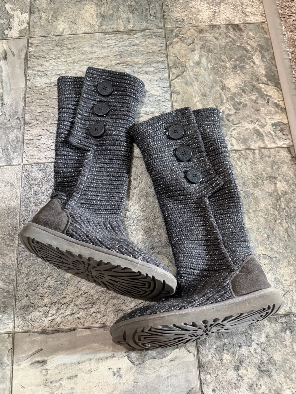 UGG Cardy Gray Knit Mid-Calf Button Boots
